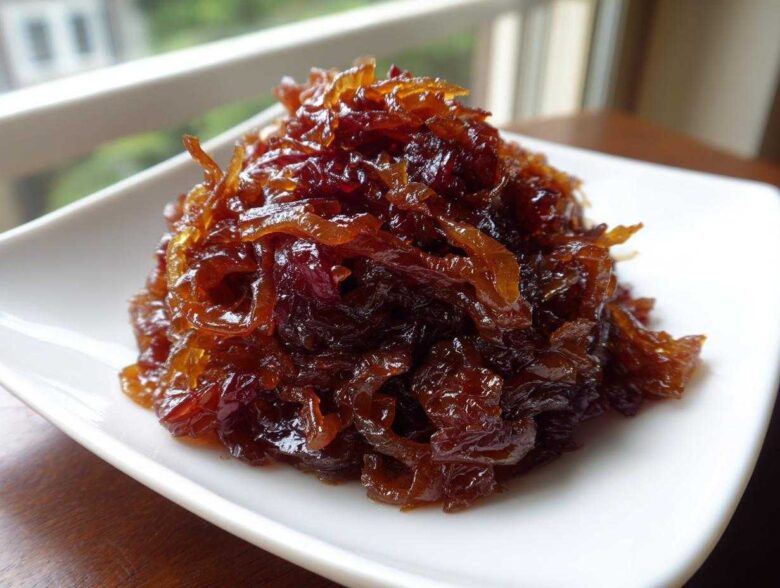A close-up of deeply browned, glossy caramelized onions piled high on a white square plate.