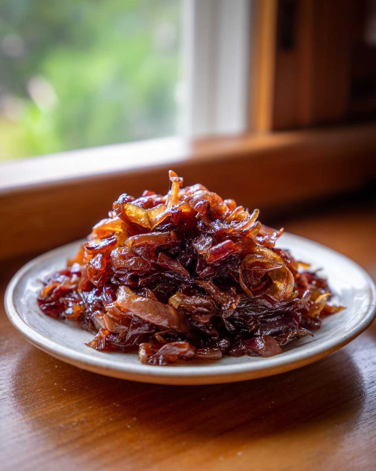 A mound of rich, dark, caramelized onions piled high on a small white plate.
