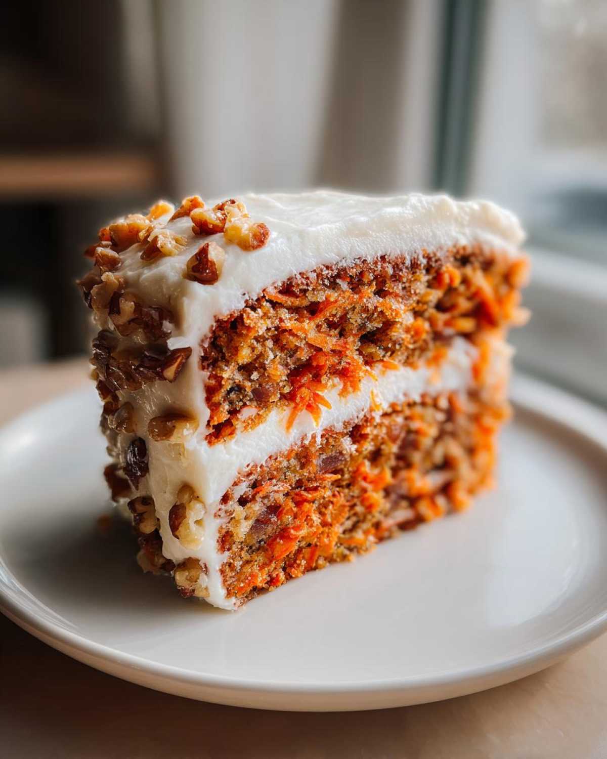 Close-up of a rich slice of carrot cake recipe, layered with cream cheese frosting and topped with chopped walnuts.
