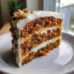 A tall, moist slice of carrot cake recipe with three layers, cream cheese frosting, and chopped walnuts on top.