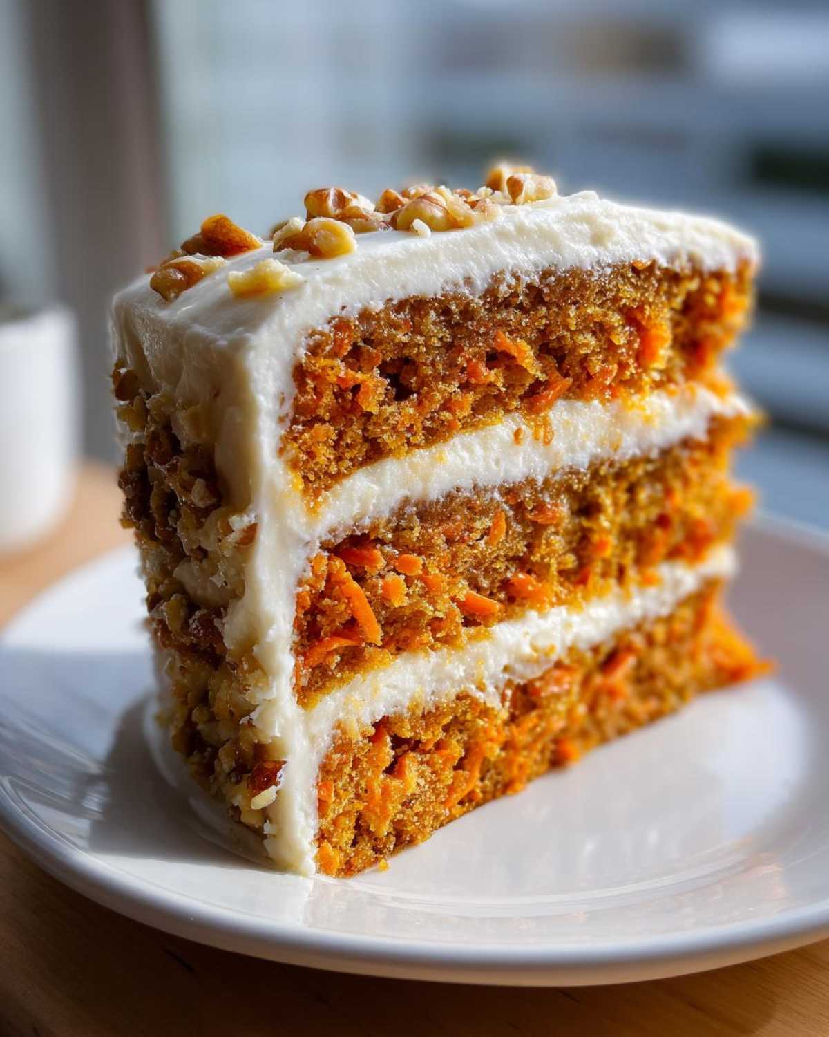 A tall, moist slice of carrot cake recipe featuring three layers, cream cheese frosting, and chopped walnuts on top.