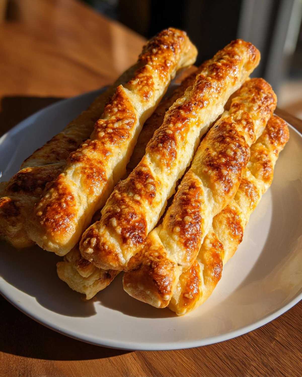 A close-up of several golden brown, cheesy breadsticks piled on a white plate, catching the sunlight.