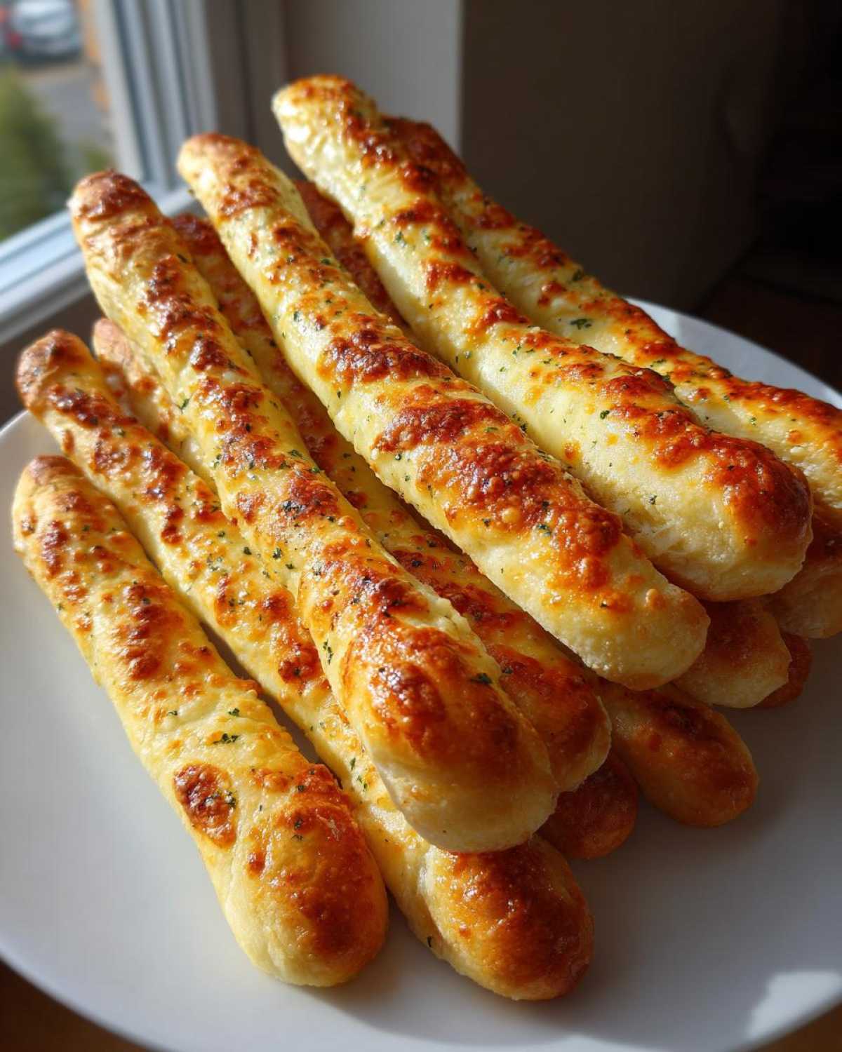 A pile of golden brown, cheesy breadsticks sprinkled with herbs resting on a white plate near a window.