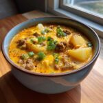 A close-up of a bowl of creamy, rich cheeseburger soup filled with ground beef, potato chunks, melted cheese, and green onions.