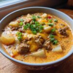 A close-up of a bowl of creamy cheeseburger soup topped with melted cheddar, ground beef, potatoes, and green onions.