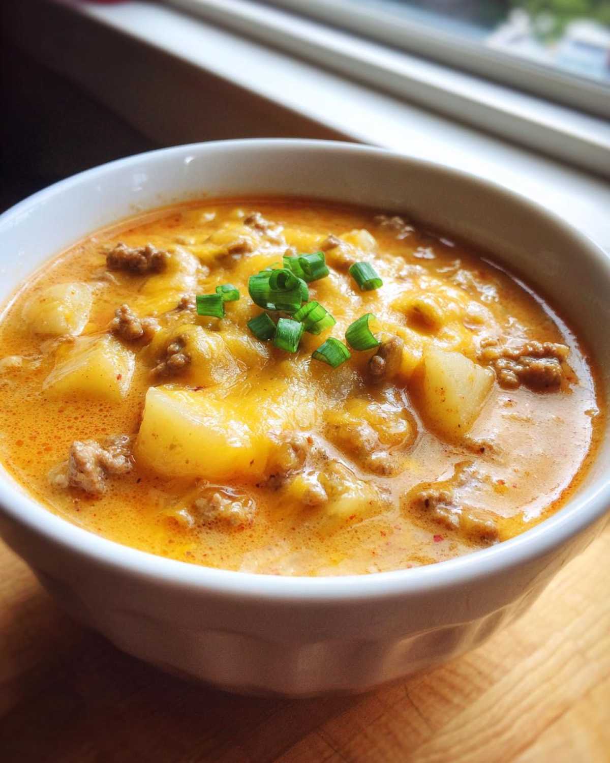 A close-up of a white bowl filled with creamy, cheesy cheeseburger soup topped with melted cheddar and green onions.