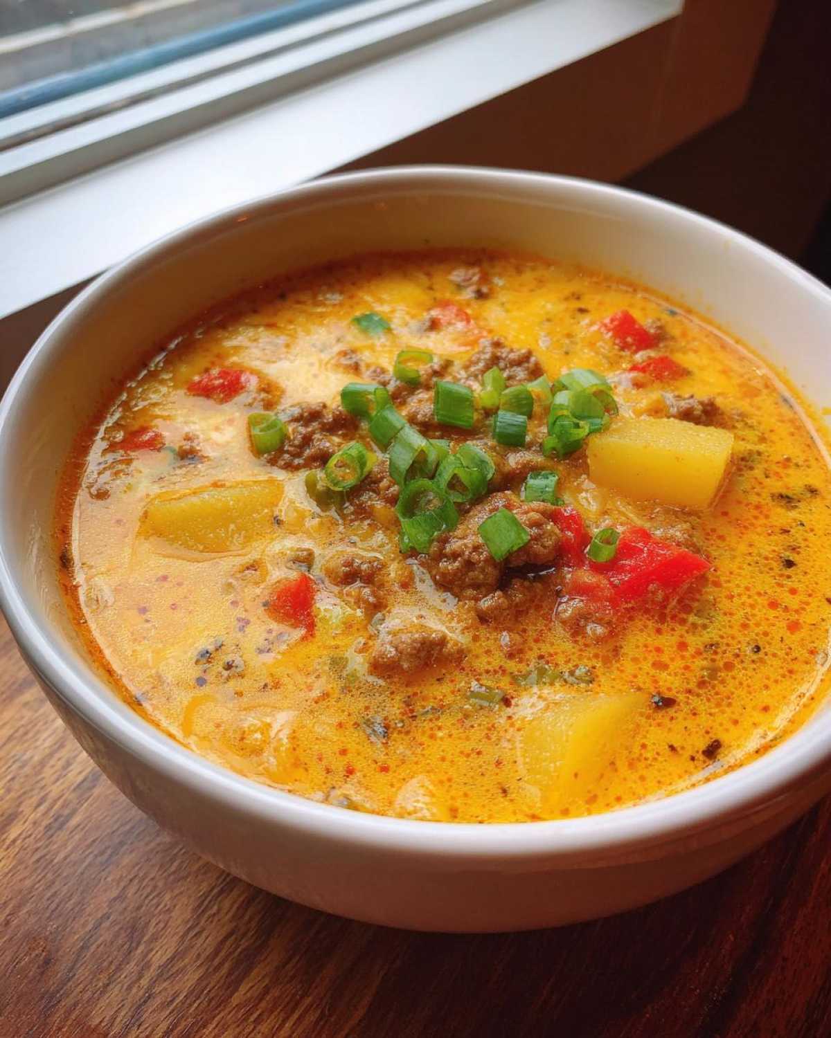 A close-up of a creamy, orange-hued bowl of cheeseburger soup topped with ground beef and green onions.