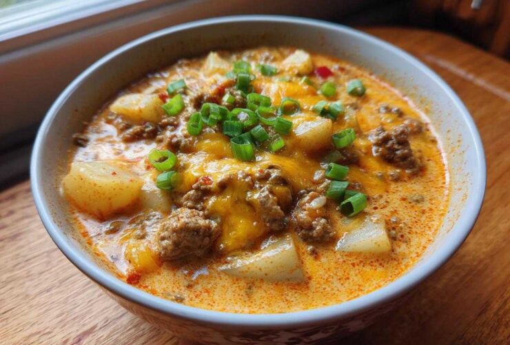A close-up of a bowl of creamy cheeseburger soup topped with melted cheddar, ground beef, potatoes, and green onions.