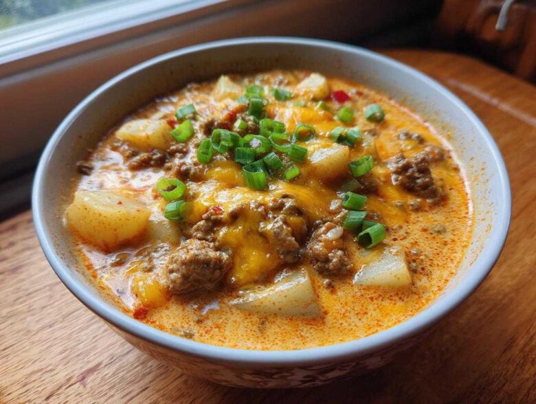 A close-up of a bowl of creamy cheeseburger soup topped with melted cheddar, ground beef, potatoes, and green onions.