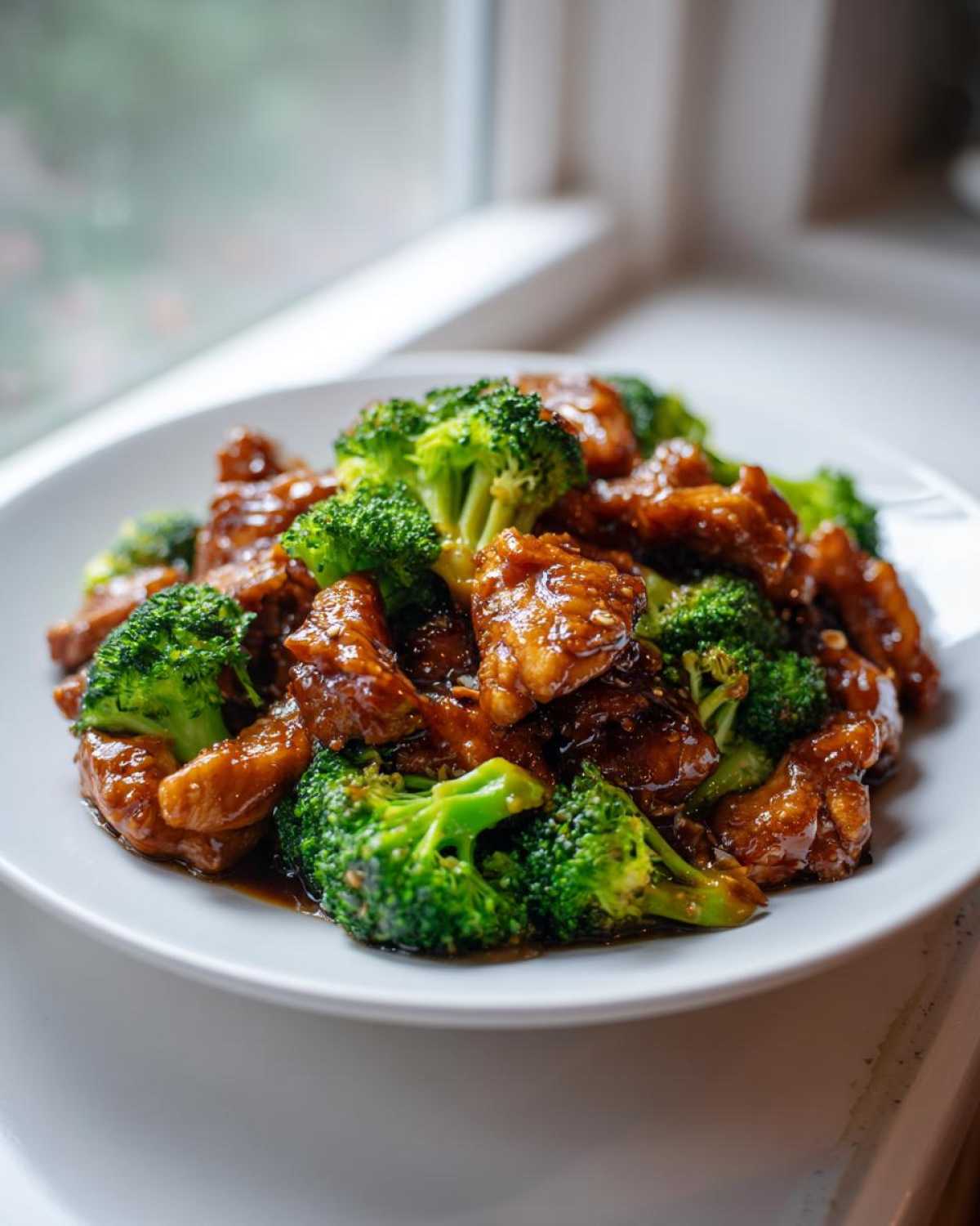 Close-up of savory glazed chicken and bright green broccoli served on a white plate.