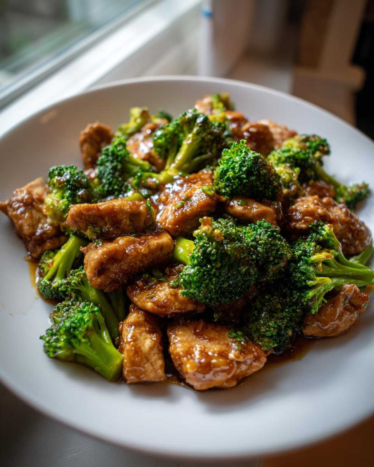 Close-up of a white plate filled with glossy, saucy chicken and broccoli stir-fry.