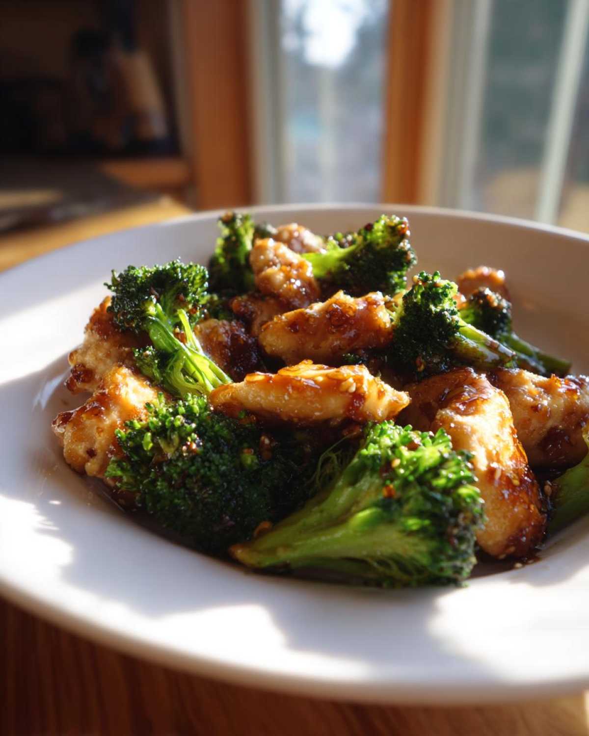 Close-up of delicious chicken and broccoli stir-fry coated in a savory brown sauce, served in a white bowl.