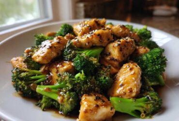 Close-up of glossy, saucy chicken and broccoli stir-fry topped with black and white sesame seeds.