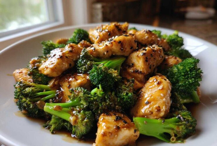Close-up of glossy, saucy chicken and broccoli stir-fry topped with black and white sesame seeds.