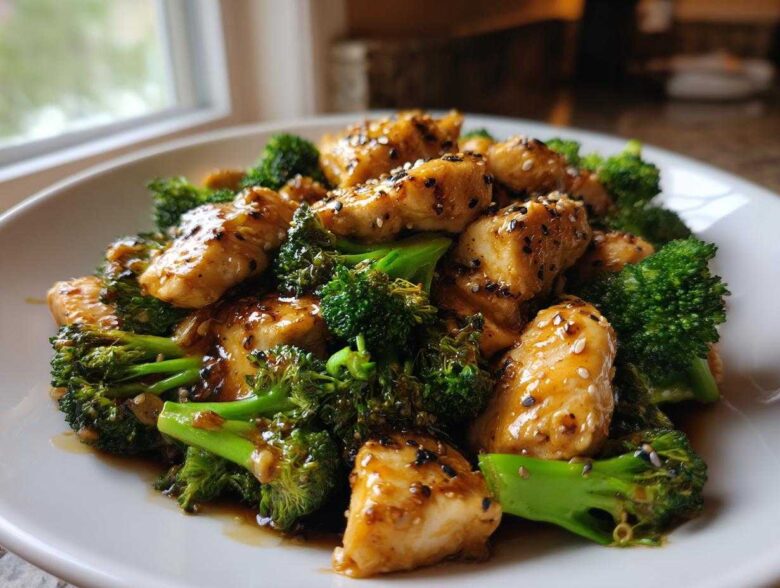 Close-up of glossy, saucy chicken and broccoli stir-fry topped with black and white sesame seeds.