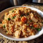 A close-up of a white bowl filled with savory chicken fried rice, featuring visible pieces of chicken, carrots, and peas.