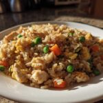 A close-up of a plate of amazing chicken fried rice featuring rice, chicken pieces, carrots, peas, and scrambled egg.