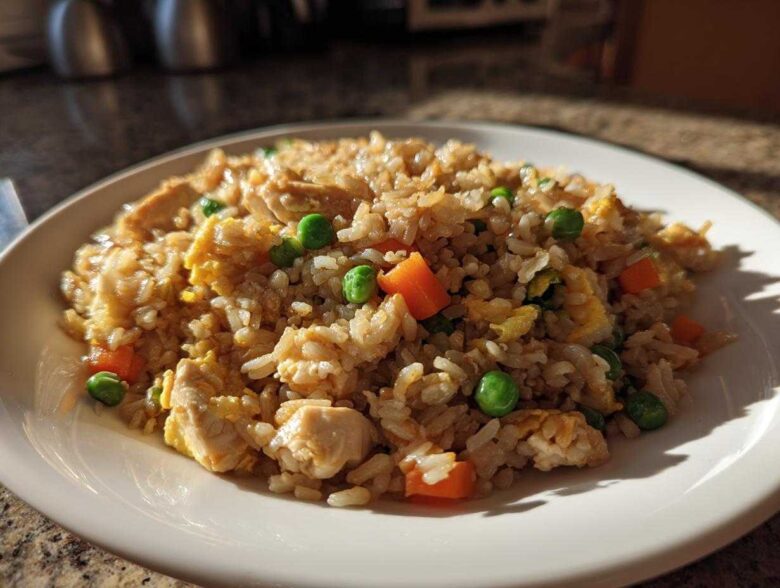 A close-up of a plate of amazing chicken fried rice featuring rice, chicken pieces, carrots, peas, and scrambled egg.