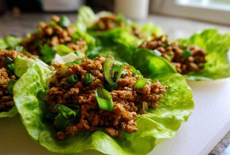 Close-up of several fresh chicken lettuce wraps filled with savory ground chicken and topped with green onions.