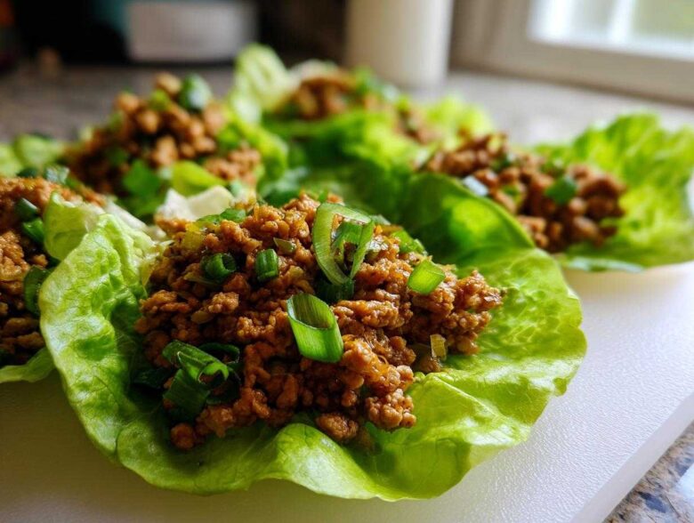 Close-up of several fresh chicken lettuce wraps filled with savory ground chicken and topped with green onions.