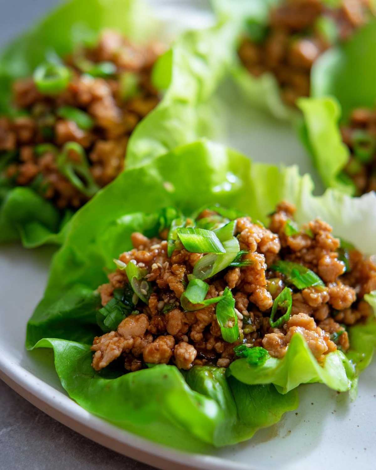 Close-up of savory ground chicken mixture served in crisp lettuce cups, garnished with green onions for amazing chicken lettuce wraps.