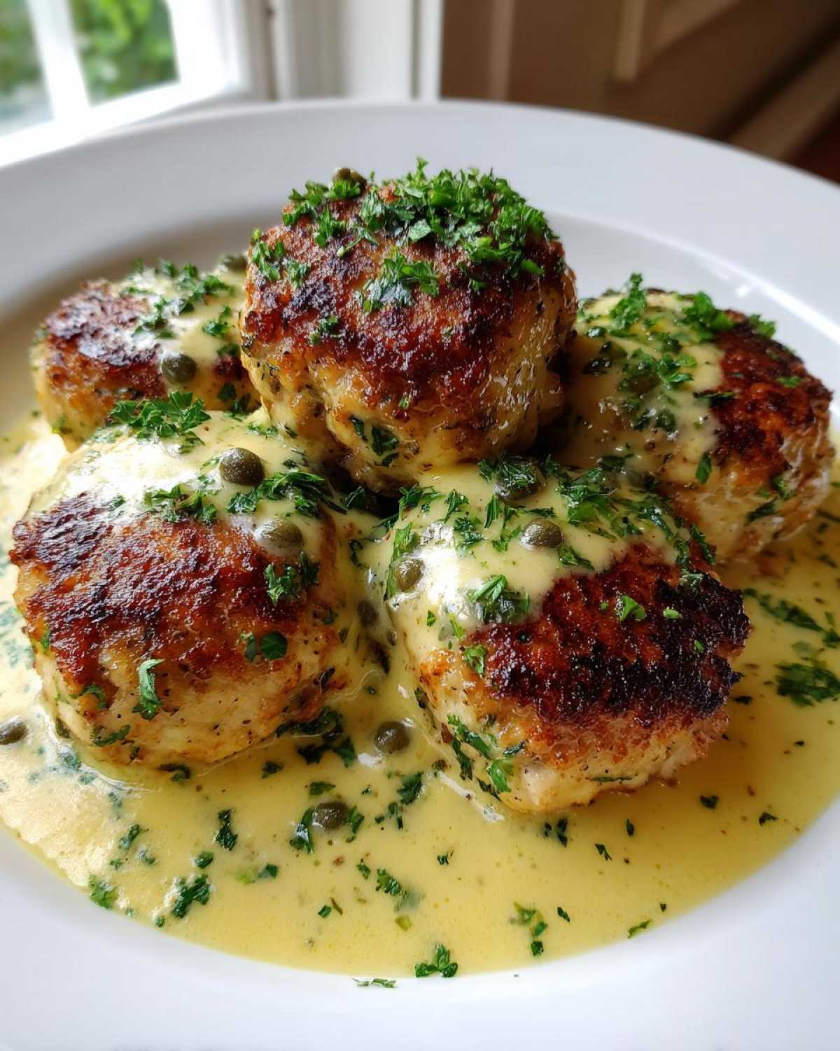 Four golden-brown chicken piccata meatballs served in a rich lemon-butter sauce, garnished with capers and fresh parsley.