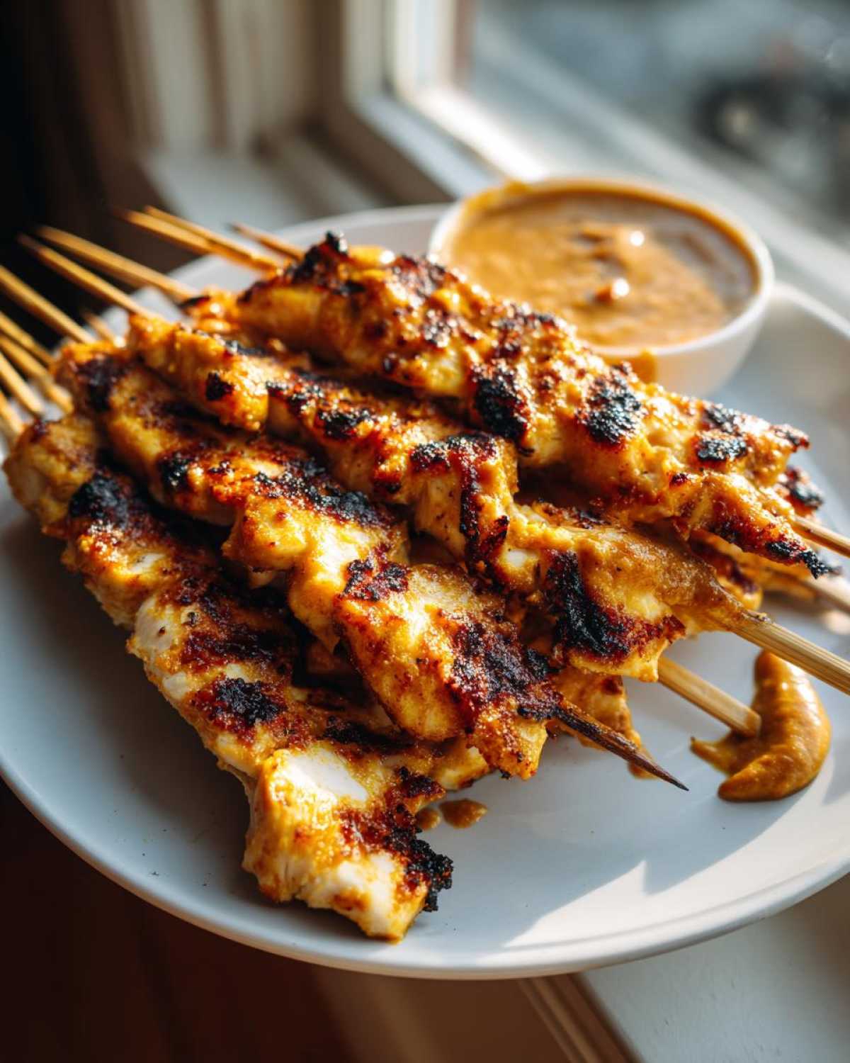 Close-up of grilled chicken satay skewers served on a white plate with a side of peanut dipping sauce.