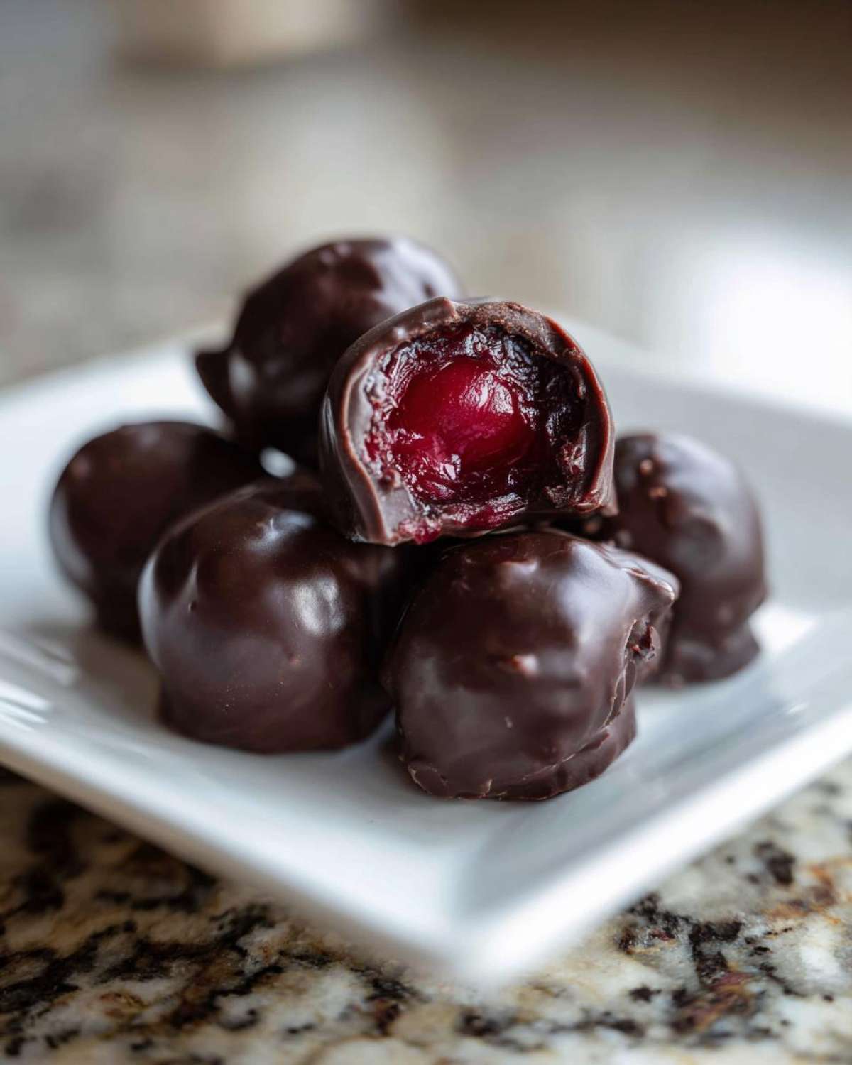 A stack of rich, dark chocolate covered cherries, with one bitten open showing the juicy cherry center.