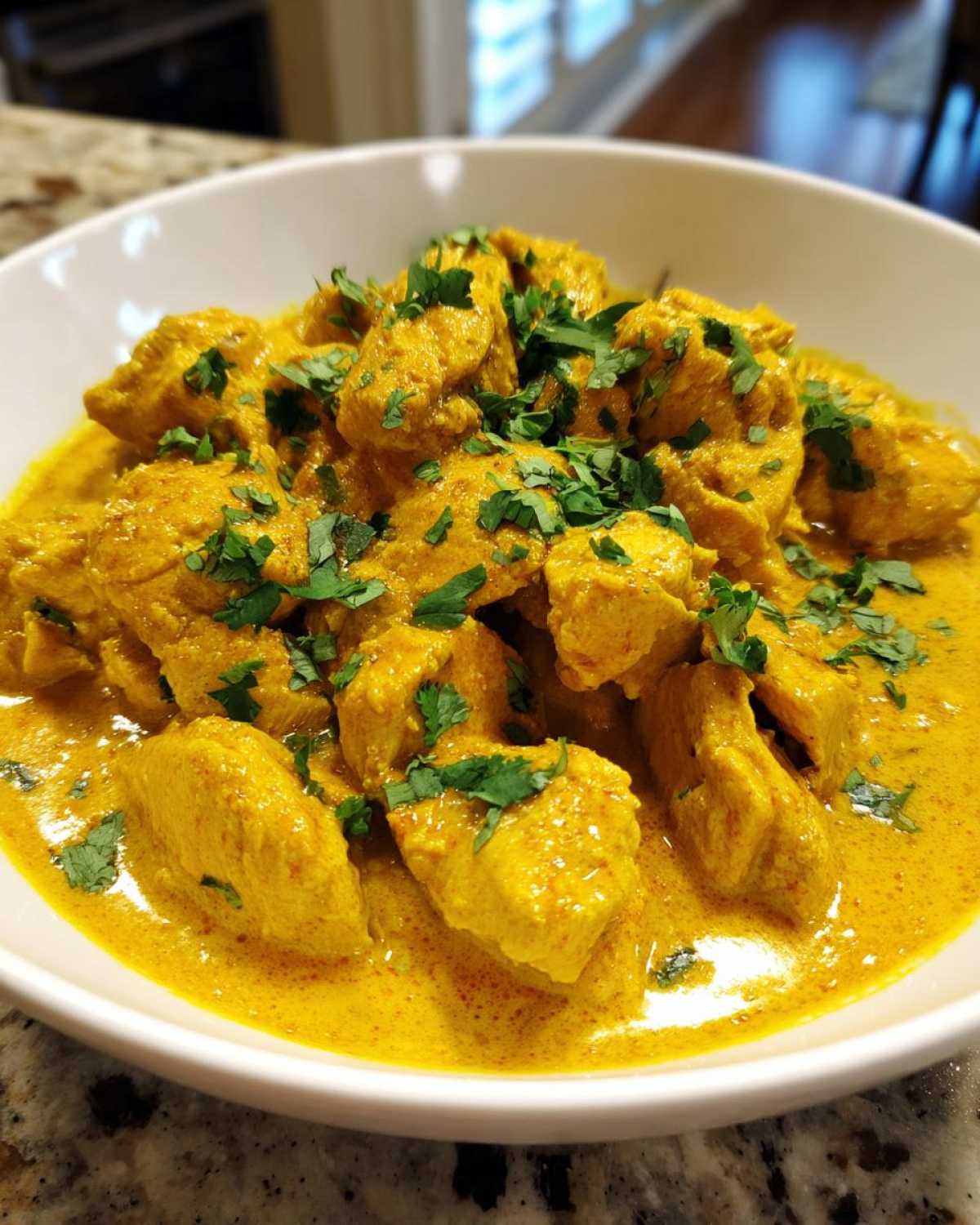 Close-up of tender pieces of coconut chicken coated in a rich, yellow curry sauce and garnished with fresh cilantro.
