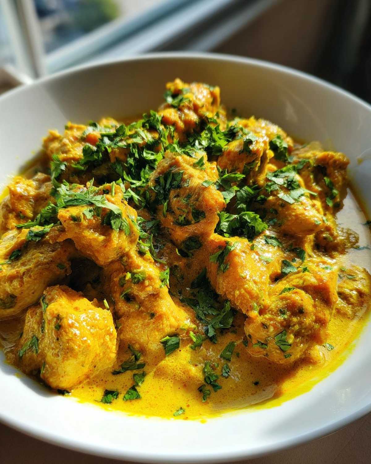 Close-up of rich, yellow coconut chicken pieces swimming in sauce and generously topped with chopped fresh cilantro or parsley.