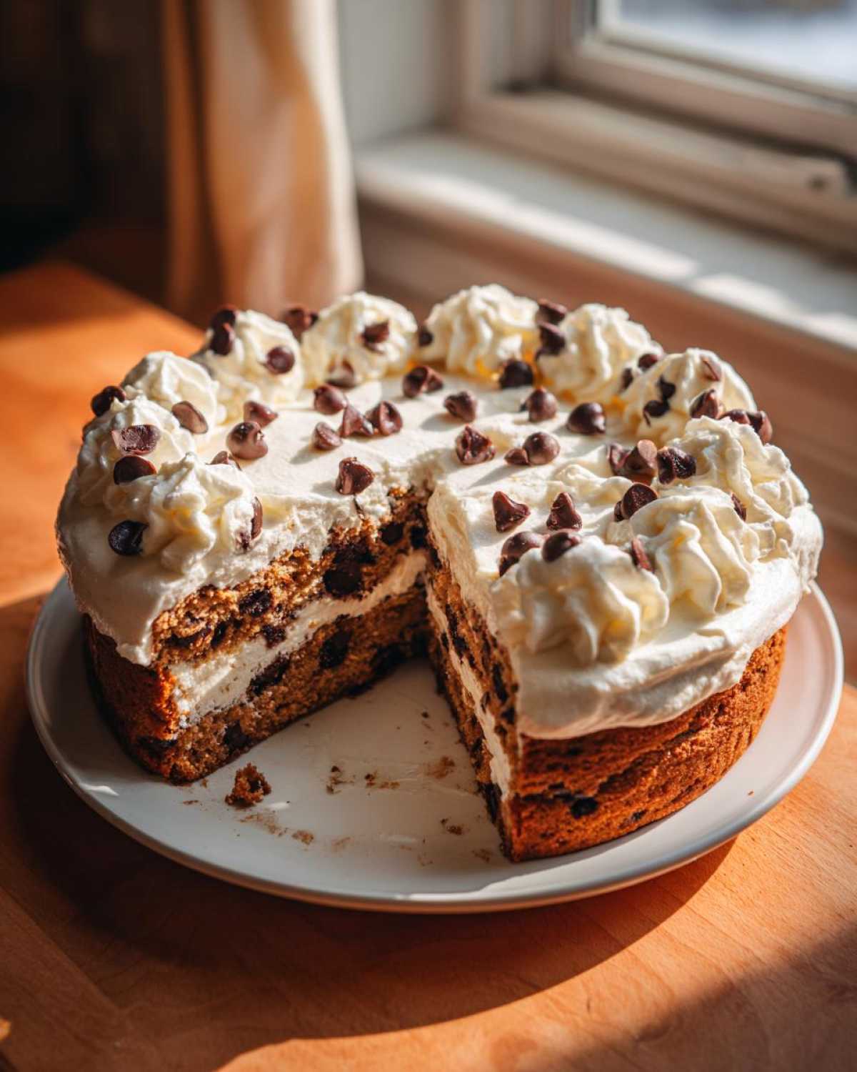 A decadent, sliced cookie cake recipe topped with whipped cream swirls and chocolate chips, sitting on a white plate.