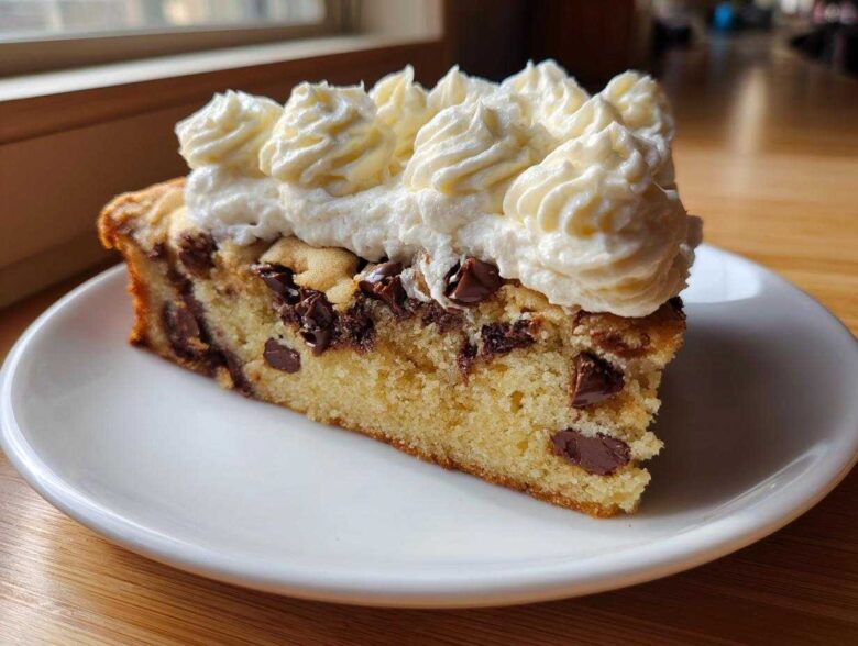 A close-up of a slice of amazing cookie cake recipe, featuring chocolate chips and piped whipped cream frosting.