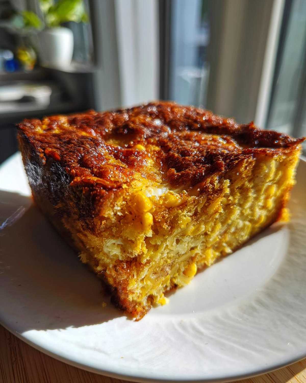 A square slice of golden yellow cornbread casserole with a dark, caramelized top crust, served on a white plate.