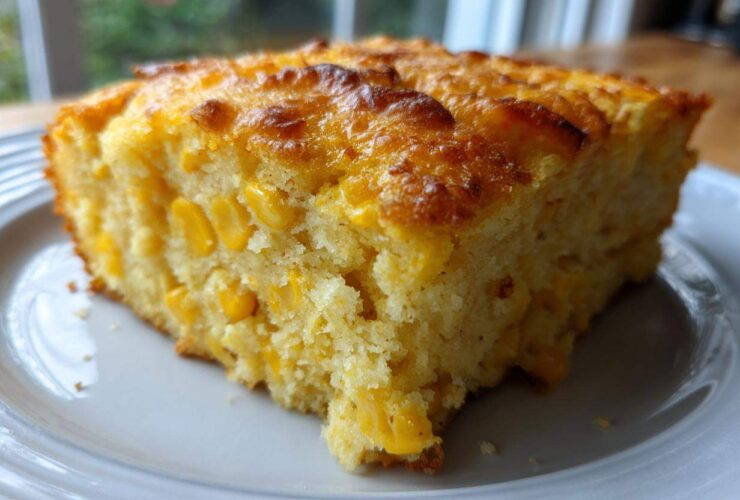 Close-up of a moist slice of cornbread casserole, studded with whole corn kernels and featuring a golden, slightly browned top.