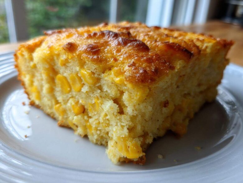 Close-up of a moist slice of cornbread casserole, studded with whole corn kernels and featuring a golden, slightly browned top.