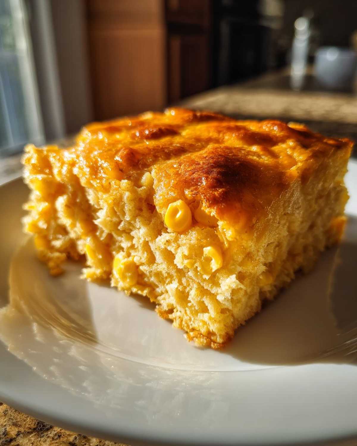 A close-up slice of moist, golden cornbread casserole studded with whole corn kernels.