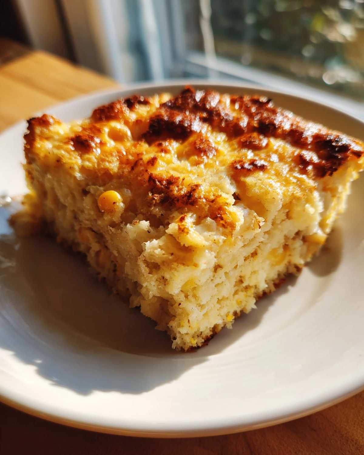 A close-up slice of moist cornbread casserole with a beautifully browned, cheesy top, served on a white plate.