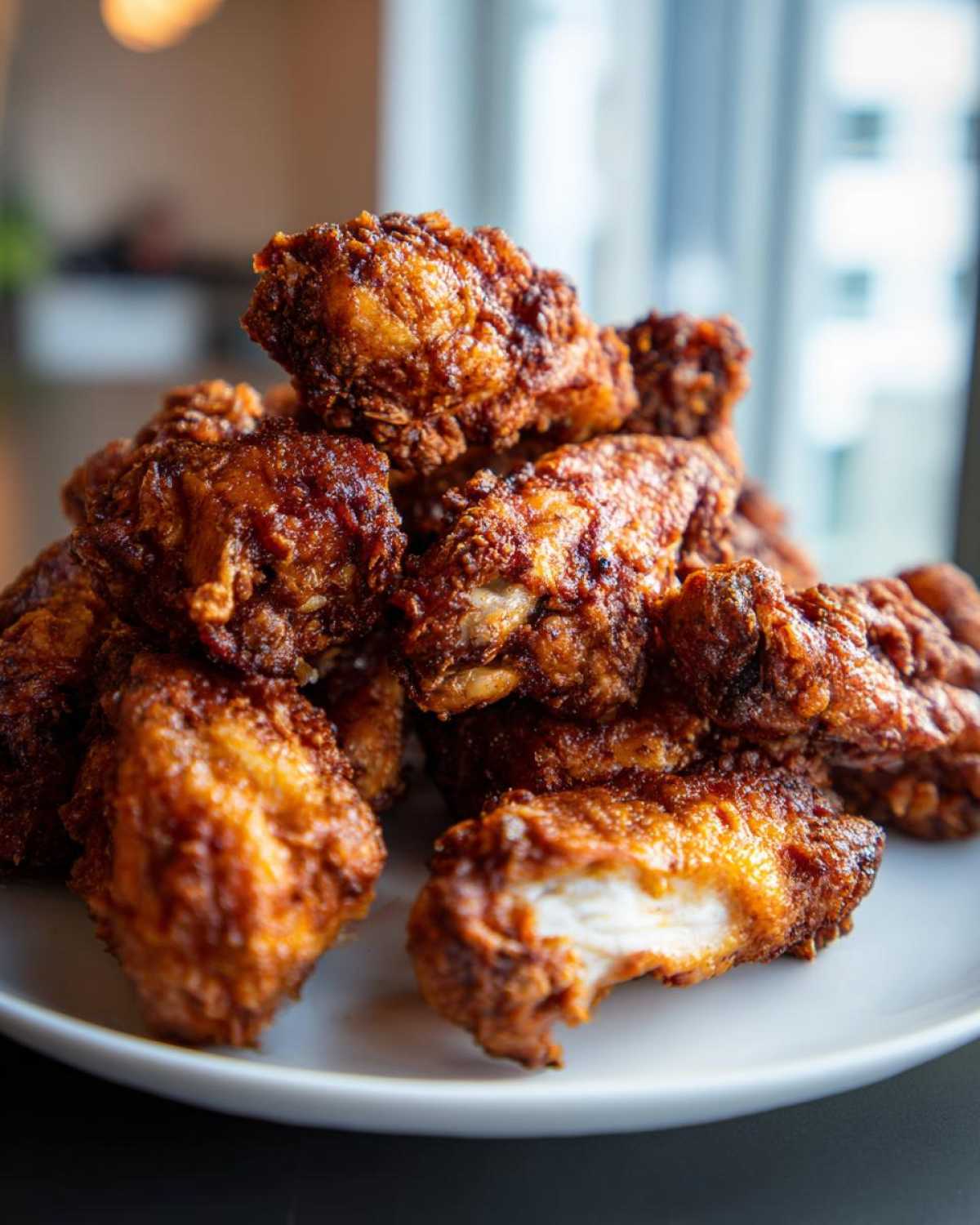 A close-up of a pile of perfectly crispy, dark golden brown chicken wings, with one wing broken open showing white meat.