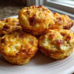 A close-up of several golden brown, baked egg bites topped with cheese and bacon bits, served on a white plate.
