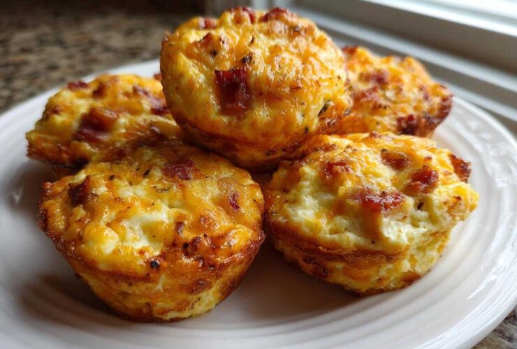 A close-up of several golden brown, baked egg bites topped with cheese and bacon bits, served on a white plate.