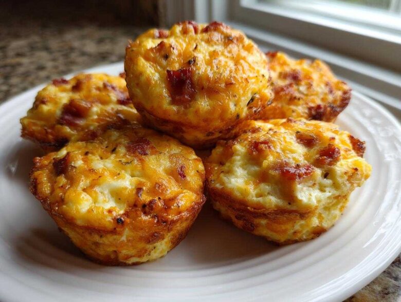 A close-up of several golden brown, baked egg bites topped with cheese and bacon bits, served on a white plate.