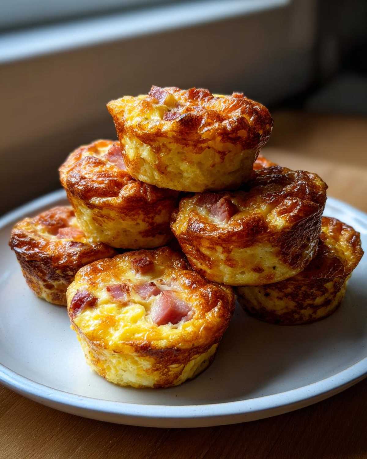 A stack of six golden brown, freshly baked ham and cheese egg bites on a light blue plate.
