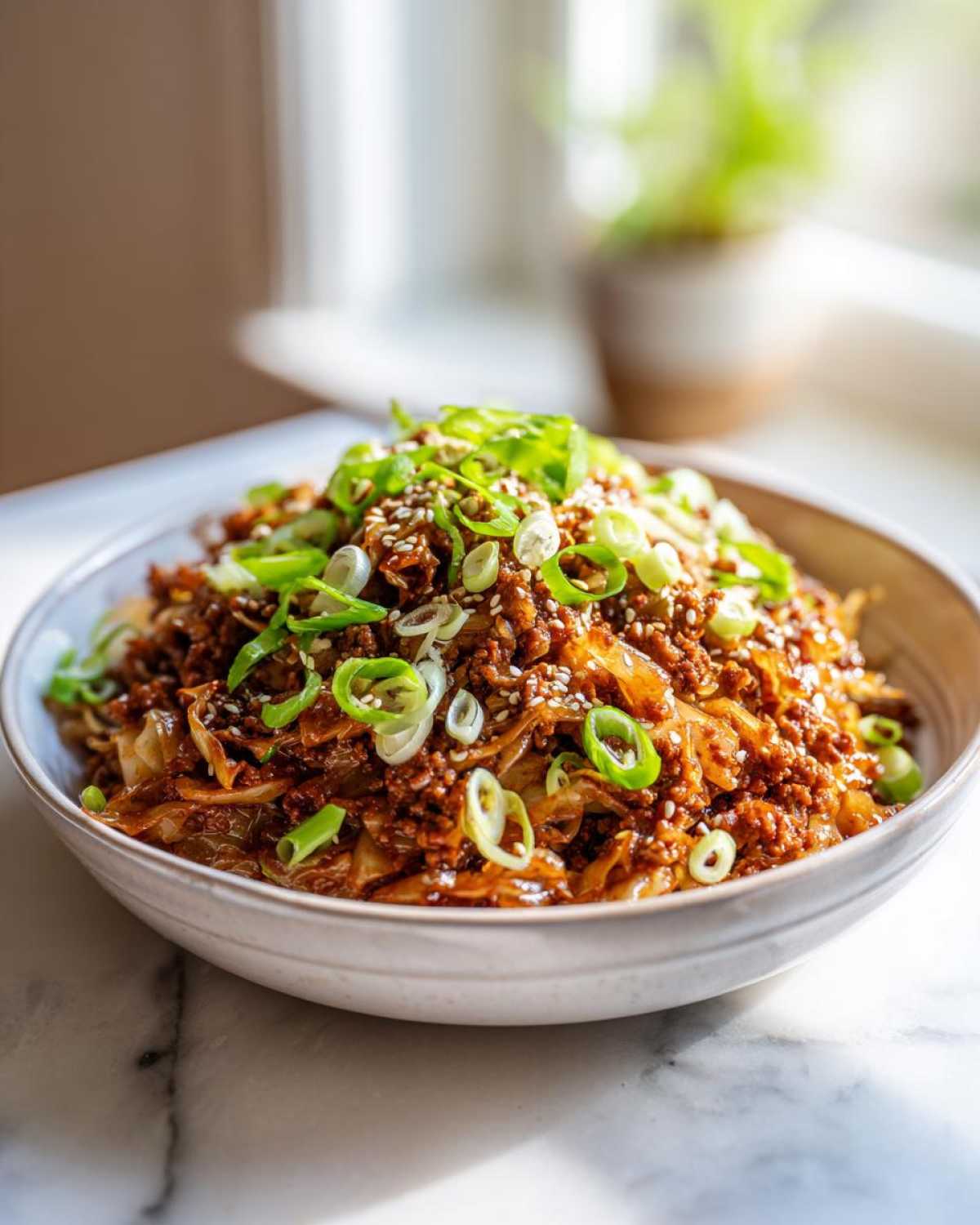 A close-up of a bowl filled with savory Egg Roll in a Bowl, topped generously with sliced green onions and sesame seeds.