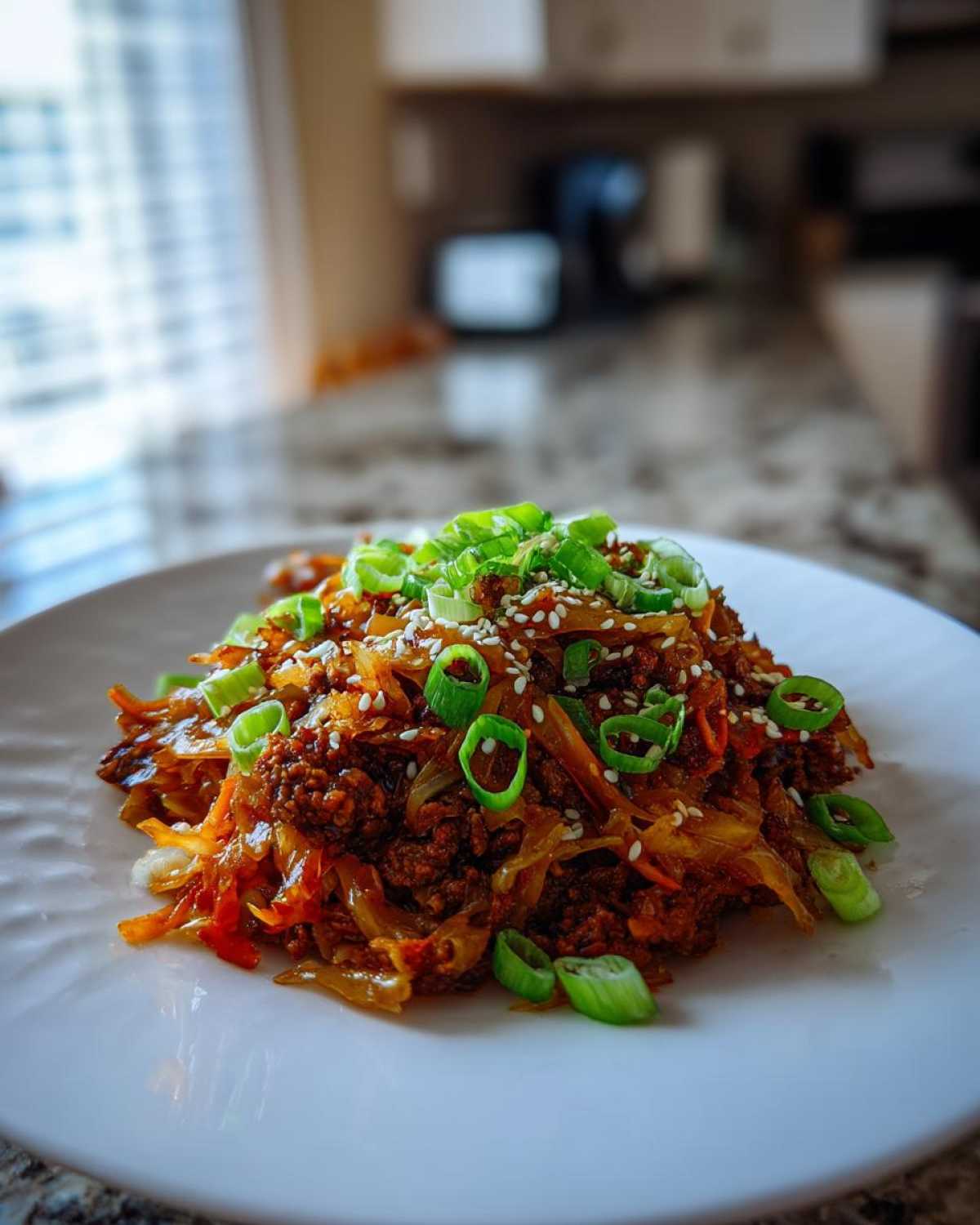 A close-up of a serving of savory egg roll in a bowl mixture, garnished heavily with sliced green onions and sesame seeds.
