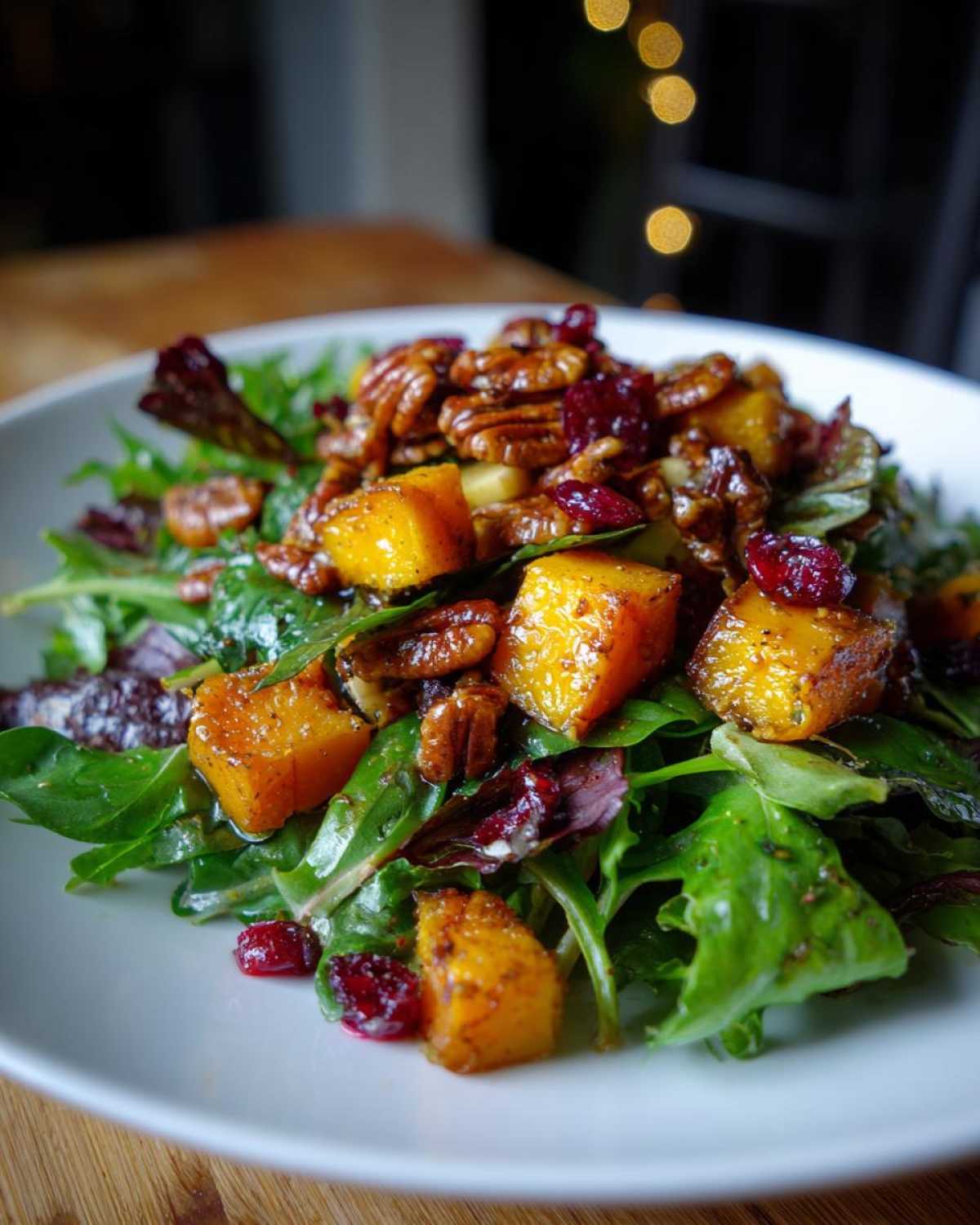 Close-up of an amazing fall harvest salad featuring roasted butternut squash, candied pecans, and dried cranberries over mixed greens.