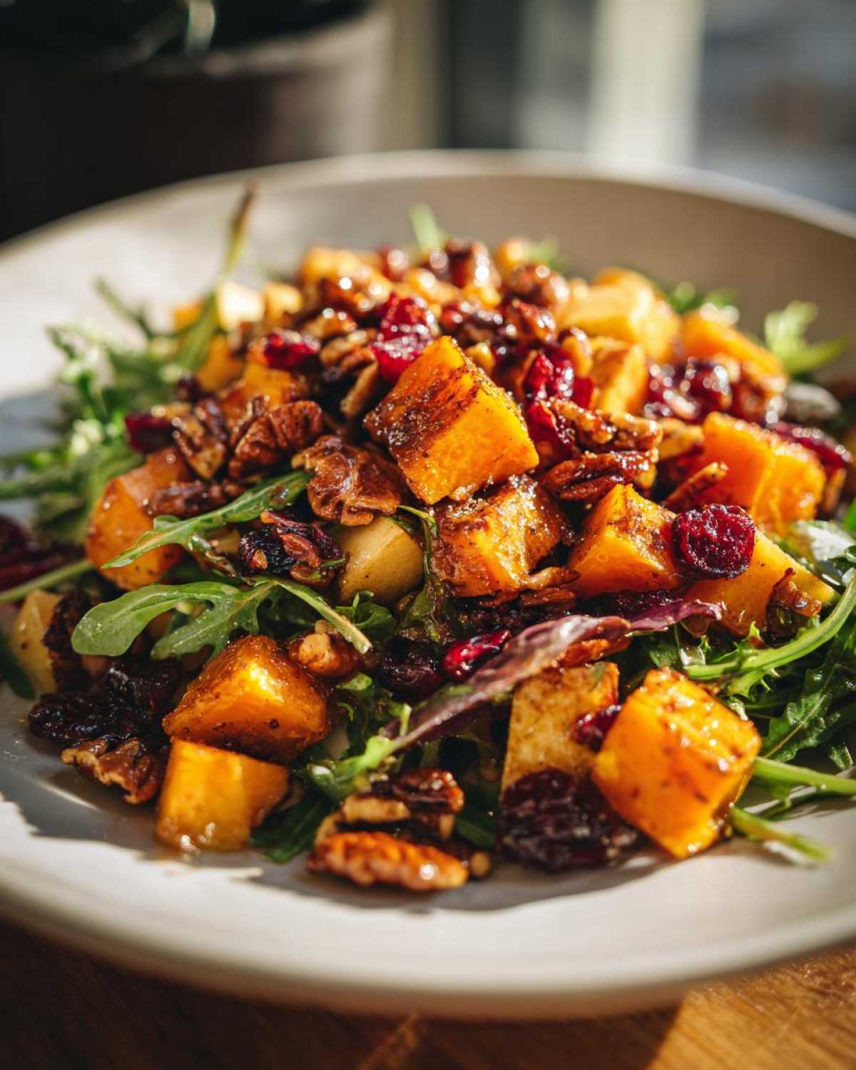 Close-up of an amazing fall harvest salad featuring roasted squash, pecans, and dried cranberries over greens.