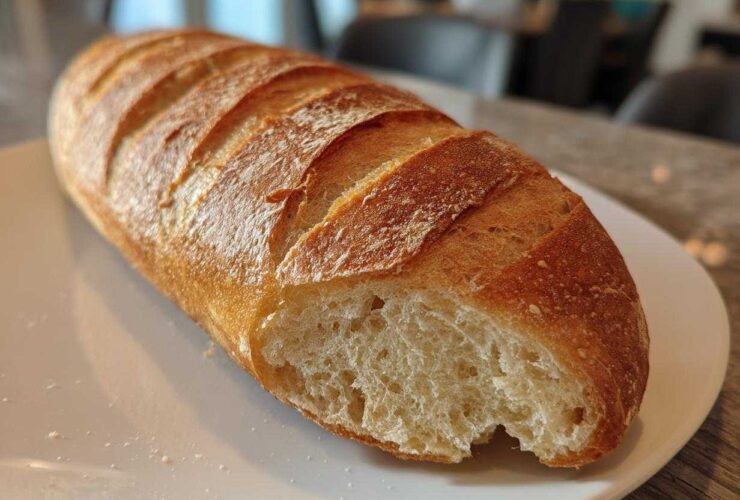 A golden-brown, freshly baked loaf of French bread with a crisp, scored crust, cut open to show the soft interior.