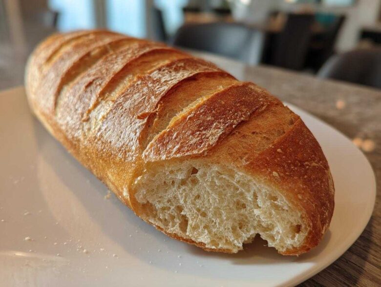 A golden-brown, freshly baked loaf of French bread with a crisp, scored crust, cut open to show the soft interior.