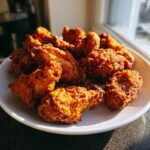 A close-up of several perfectly golden and crispy fried chicken wings piled high on a white plate.