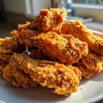 A close-up of a pile of golden brown, crispy fried chicken wings resting on a white plate.